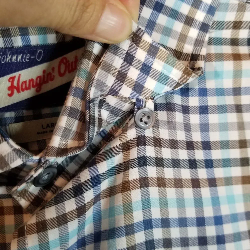 Johnnie O Hangin Out Shirt Mens Large Blue Gray Plaid Surf Button Up Long Sleeve - Picture 8 of 11